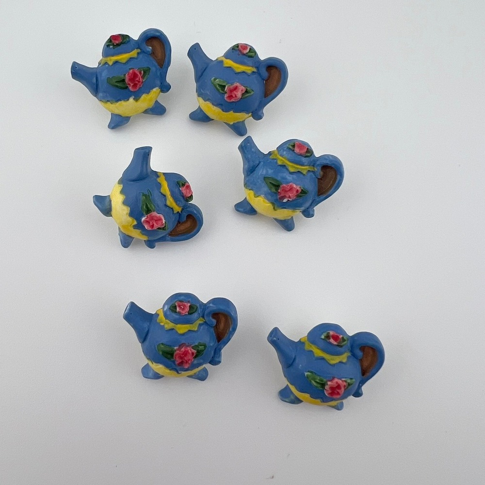 Vintage Teapot Buttons Lot Floral Blue Yellow Novelty Sewing Craft